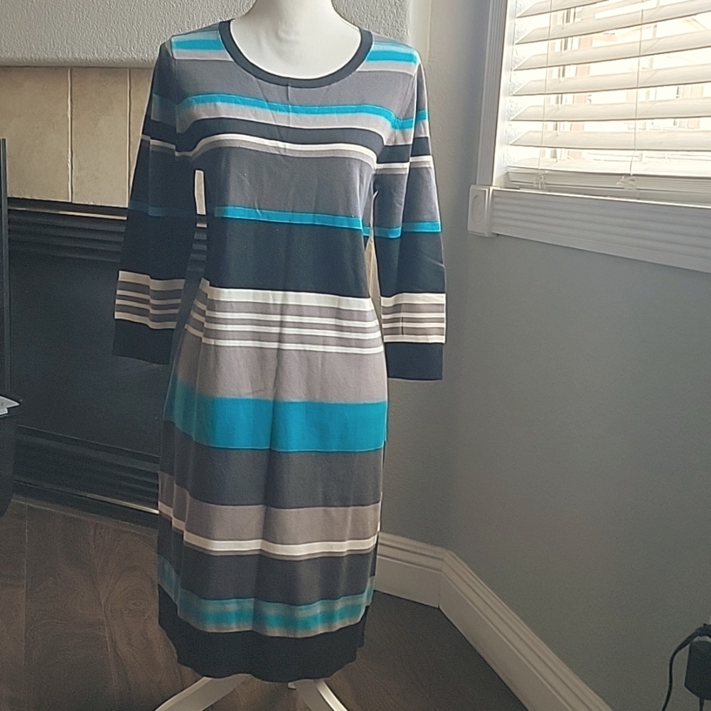 Caslon sweater dress, size large, black, grey, and turquoise stripes